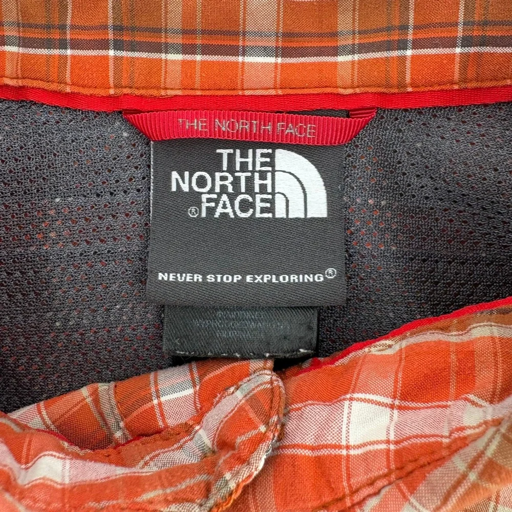 The North Face Mens Large Orange Plaid Short Sleeve Hiking Button Down Shirt